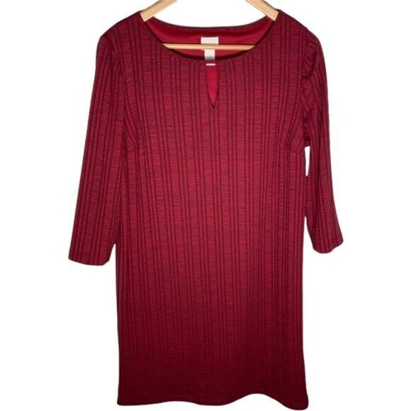 Chicos Red Ribbed Stretch Dress Medium 3/4 Sleeve Work Casual - Picture 1 of 9